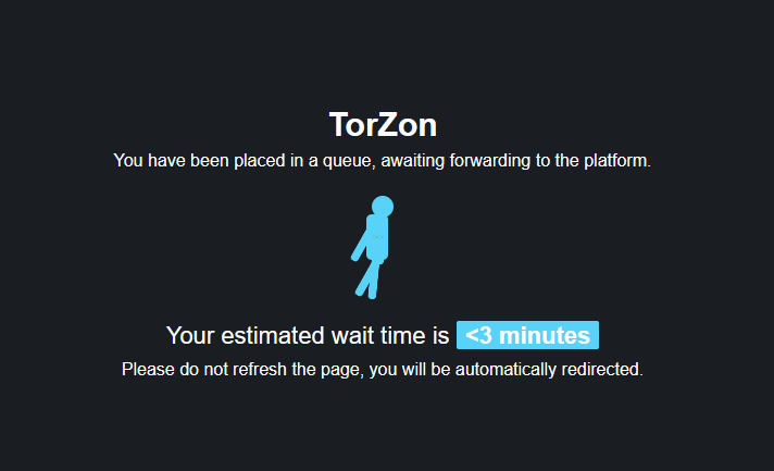 Torzon Market queue screen — estimated wait <3 minutes